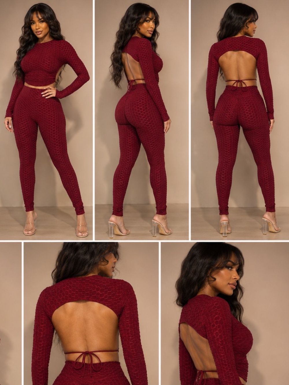 Burgundy Textured Open Back Crop Top Leggings Set 2 Piece Outfit